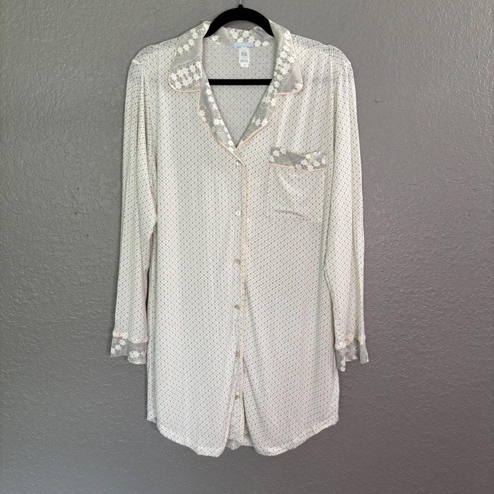 Eberjey‎ Long Sleeve Sleep Shirt Gown Geometric Lace Print Button Front Small